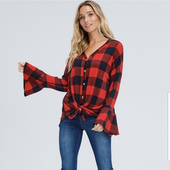 Last one ..Red & Black Buffalo Print Dolman Sleeve - Picture 2 of 7